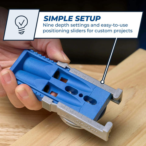 Portable Pocket Hole Jig System With Adjustable Position Sliders And Clamp Adapter For Materials Half Inch To One And A Half Inches Thick Lets You Make Strong Joints At Multiple Angles For Quick Pro Level Woodworking Projects shown in use on wood