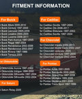Fitment information chart for Buick, Cadillac, Chevrolet, Oldsmobile, Pontiac, and Saturn vehicles