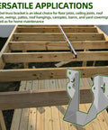 Image showing 2x4 truss bracket installed on wooden frame with text describing versatile applications, part of 30 Pack 2x4 Joist Hangers And Rafter Brackets Built From 20 Gauge Carbon Steel With Hot Dip Galvanized Finish For Rust Resistance And Wind And Earthquake Tough As Nails Built To Last In Tropical Storms.