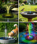 Collage of solar fountain pump for bird bath with 3 spray height adjustments and LED lights in garden settings