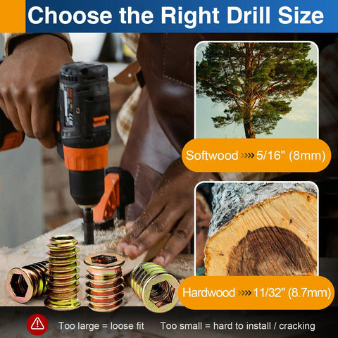 Person drilling wood with Heavy Duty Wood Threaded Inserts With Hex Drive Nuts for DIY repair, zinc-plated carbon steel.