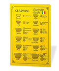 Yellow espresso guide chart with illustrations and measurements for various coffee drinks, including espresso, latte, and cappuccino.