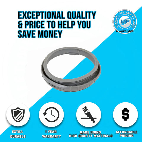 Upgraded Lifetime Door Gasket Boot Seal Diaphragm For Front Load Washer Replacement Part 34001302 on blue background