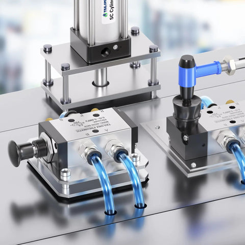 5 Way 2 Position Hand Pull Pneumatic Valve With 1/4 NPT Ports installed on machinery table, showing manual push pull lever, model 4R210 08