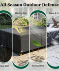 Heavy Duty Outdoor Furniture Cover Tough As Nails 113 Inch By 76 Inch By 28 Inch Waterproof 900D on patio table set under various weather conditions