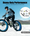 Cyclist with 48V 2000W Brushless DC Motor Kit With 4300RPM High Speed Electric Motor in snowy mountain with kit components.