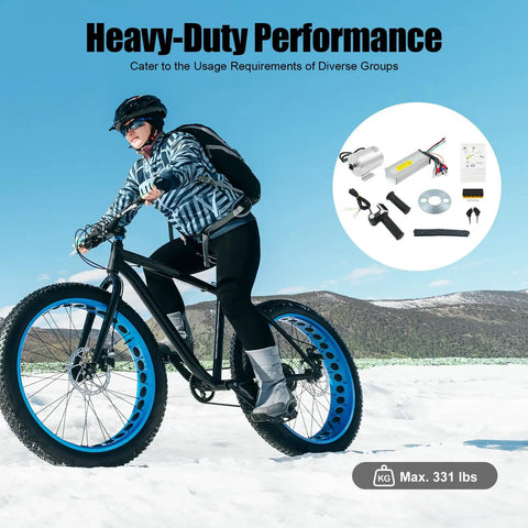 Cyclist with 48V 2000W Brushless DC Motor Kit With 4300RPM High Speed Electric Motor in snowy mountain with kit components.