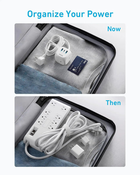 Comparison of a compact cube and a traditional surge protector in luggage, highlighting Power Strip With 20W USB C PD 3 outlets.