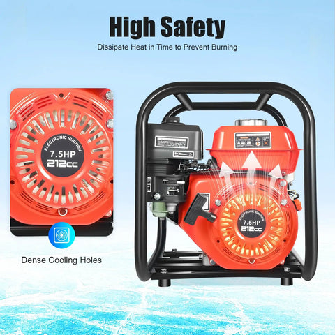 Beastly Performance 2 Inch Gas Powered Water Transfer Pump With A Legit 7.5 HP Engine And 212 CC Four Stroke Motor showing dense cooling holes and red engine design.