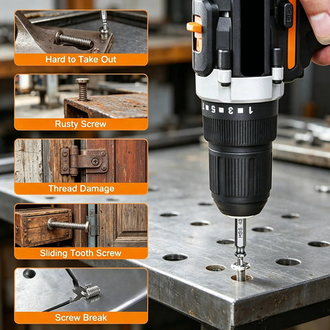 Damaged Screw Extractor Set for Stripped Screws and Bolts, 6-Piece Bolt Extractor Kit with Drill Bits in use on metal surface