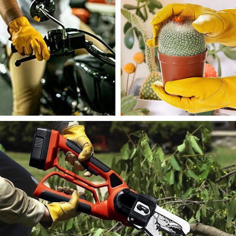 Leather Work Gloves For Men And Women, Heavy Duty Cowhide Gardening Gloves With Puncture And Cut Resistant Protection, Reinforced Stitching, Durable One Point Two Millimeter Cowhide Leather, Medium All Purpose Outdoor And Jobsite Ready worn while handling a cactus, motorcycle, and electric saw.