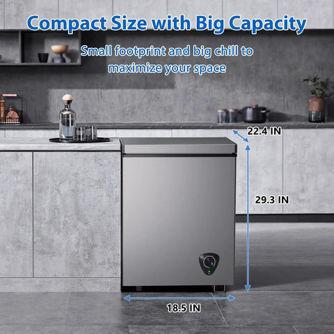 Solid 3.5 Cu Ft Chest Freezer With Easy Dial And Slide Basket Energy Efficient Top Load Deep Freeze In Gray shown in a kitchen setting.