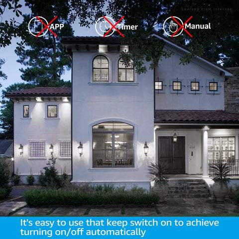 Outdoor view showing house exterior illuminated by dusk-to-dawn A19 LED bulbs with photocell sensor, auto on off, weatherproof.
