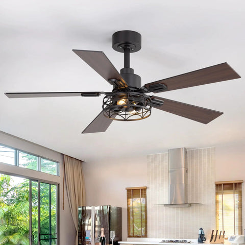 Breezary 52" Farmhouse Ceiling Fans with Lights and Remote, Industrial Ceiling Fan Cage Fandelier in matte black
