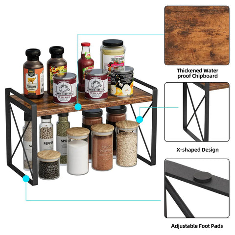 Totally Legit Countertop Shelf Organizer Rack, Rustic Brown Spice Holder, Kitchen Counter Pantry Display Stand with various bottles.