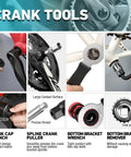 Collage of crank tools from All In One Bike Repair Kit With Storage Box 41 Piece Tools Set For Mountain Road And Park Bicycles