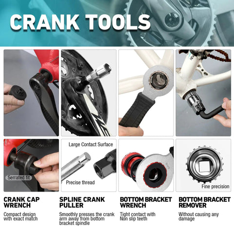 Collage of crank tools from All In One Bike Repair Kit With Storage Box 41 Piece Tools Set For Mountain Road And Park Bicycles