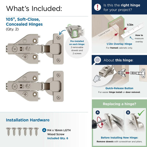 Premium Face Frame Cabinet Hinges With Soft Close For Kitchens And Baths One Half Inch Overlay Euro Concealed 105 Degree Opening Three Way Adjustment Two Pack With Dowels And Mounting Hardware Amerock
