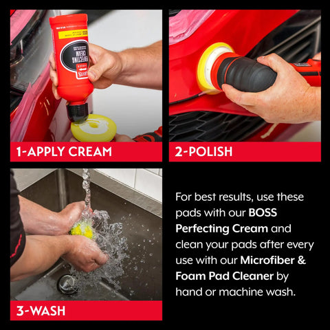 Instructions showing 3 Inch Foam Polishing Pads for Car Detailing Buffin and Waxin Yellow Set of 3 with apply cream, polish, and wash steps.