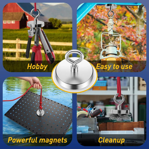 Beast Mode Neodymium Fishing Magnet With 700 Lbs Pulling Power And Countersunk Hole Eyebolt shown in various uses