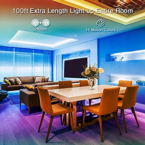 Living room with 100 Ft Bluetooth LED Strip Lights With Music Sync And Color Changing 5050 RGB Tape Lighting.