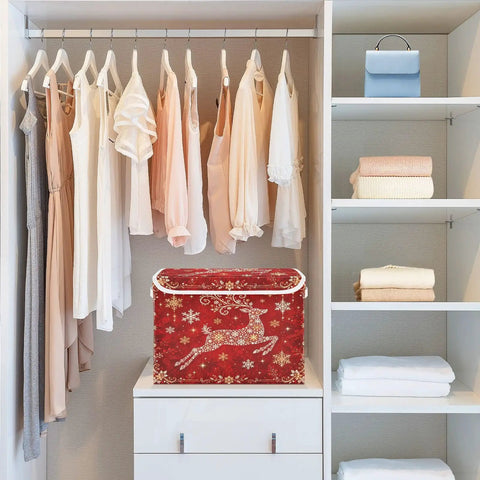 Straight Up Premium Reindeer Collapsible Storage Bins With Lids, Heavy Duty Fabric Organizers for Clothes in a closet setting.