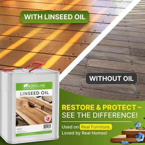 Before and after comparison of wood treated with Pure Linseed Oil For Wood 100 Percent Natural And Food Safe For Indoor Furniture Care.