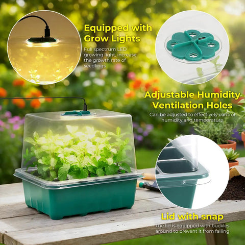 Seed Starter Tray Kit With Grow Light For Indoor Gardening Six Piece Germination Trays With Full Spectrum Lights And Adjustable Humidity Domes