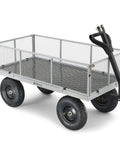 Heavy Duty Steel Utility Garden Cart hauls up to 1000 pounds with removable sides and 13 inch pneumatic tires on display.