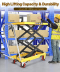 KAFLLA Hydraulic Lift Cart With Double Scissor Jack Supports 330 Pound Work Weight and Reaches an Impressive Fifty Inch Max Lift Height for Easy tool access in a warehouse.
