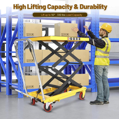KAFLLA Hydraulic Lift Cart With Double Scissor Jack Supports 330 Pound Work Weight and Reaches an Impressive Fifty Inch Max Lift Height for Easy tool access in a warehouse.