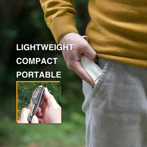 Person putting All In One Camping Utensils Set With Case Featuring Knife Spoon And Fork That Fold Magnetic into pocket
