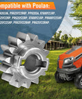 Close-up of 14T pinion gear for Husqvarna Poulan lawn tractors next to riding mower