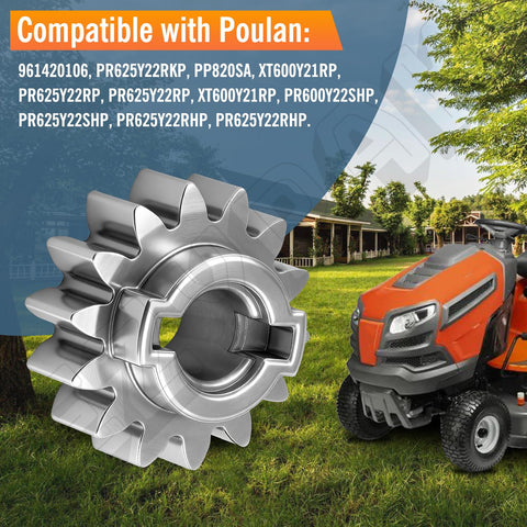 Close-up of 14T pinion gear for Husqvarna Poulan lawn tractors next to riding mower
