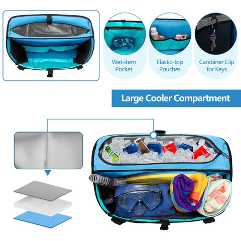 XL Beach Tote Bag With Insulated Cooler Compartment And Wet Dry Separation showing cooler and organization pockets