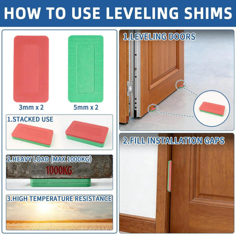 Instructions for Leveling Shims with 3mm and 5mm options, showcasing gaps filling and heavy load capacity.