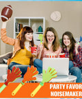 Women using 16 Pack Colorful 7.5 Inch Hand Clappers Noisemakers for parties and sports events with laptop and football.