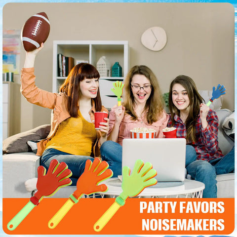 Women using 16 Pack Colorful 7.5 Inch Hand Clappers Noisemakers for parties and sports events with laptop and football.