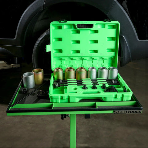 20 Cup Bushing Removal Tool Kit For Suspension And Wheel Bearing Service with green case and adapters displayed