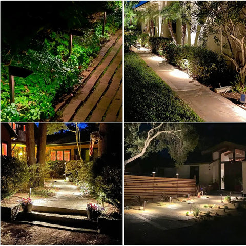 Low Voltage Outdoor Pathway Lighting Kit With 0.6W LED 3100K Warm White 12V Metal Path Lights illuminating garden paths at night