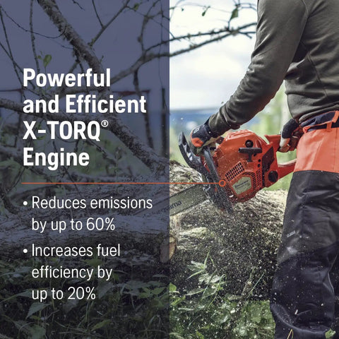Person using Gas Powered Chainsaw With 38cc 2.1HP X-Torq Engine, 16 Inch Bar for wood cutting outdoors