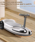 Child's white ride-on toy car with safety frame on wooden floor indoors, not the Kid Electric Go Kart With 180W Motor, 360 Degree Spin Drift Fun, 24V Ride On Car.