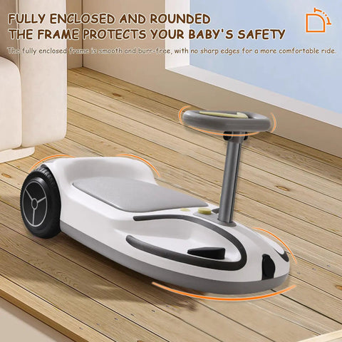 Child's white ride-on toy car with safety frame on wooden floor indoors, not the Kid Electric Go Kart With 180W Motor, 360 Degree Spin Drift Fun, 24V Ride On Car.