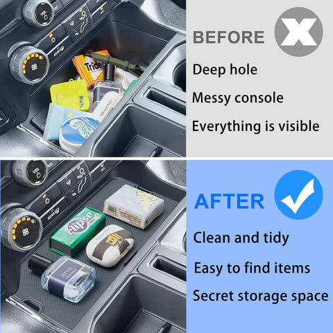 Before and after with Center Console Compartment Cover With Hidden Pocket Lid For The Open Pocket In Front Of The Shifter, Ford F-150 Compatible, Fits 2021 To 2026 F150 And 2022 To 2025 Lightning XLT Pro, USB Hole Inset, Interior Secret Panel, Not For Wireless Charging