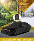 Ford Mustang All Weather Car Cover Waterproof Custom Fit 1994 2025 With 420D Oxford Heavy Duty Windproof Snowproof Dustproof UV Hail Protection For Outdoor Use displayed outdoors in four seasons.