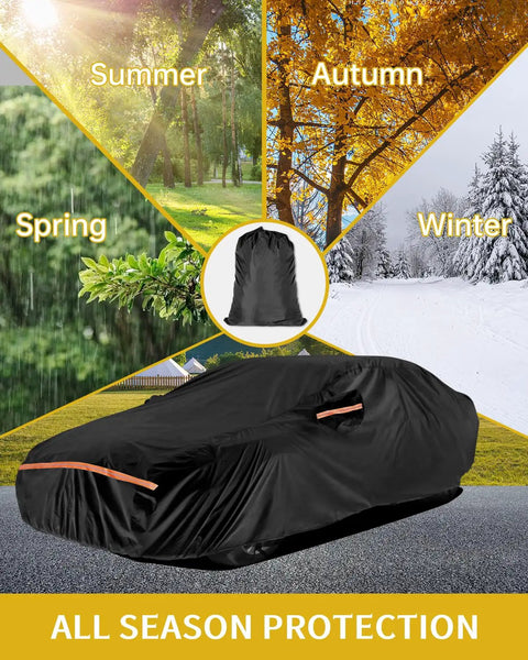 Ford Mustang All Weather Car Cover Waterproof Custom Fit 1994 2025 With 420D Oxford Heavy Duty Windproof Snowproof Dustproof UV Hail Protection For Outdoor Use displayed outdoors in four seasons.
