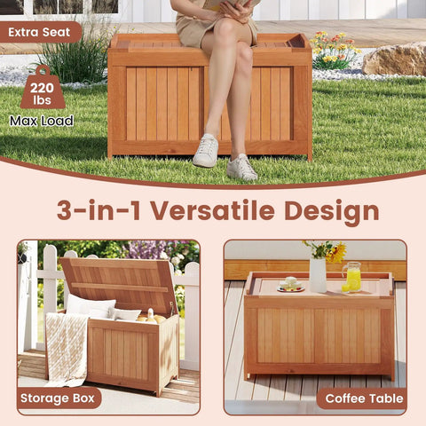 52 Gallon Outdoor Storage Bench With Flip Top For Cushions And Pool Supplies, sturdy wooden design on grass.