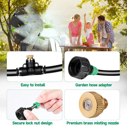 Outdoor Misting Fan Kit Anti Leak System with 19.69Ft Tubing 6 Brass Nozzles 6m Line and 3/4 Inch Adapter in use