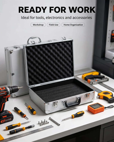 Hella Durable Aluminum Workhorse Case With Shock Absorbing Foam Base And Reinforced Corners For Everyday Grind Heavy Duty Tool Carry And Safe Storage In Silver, open with foam interior.