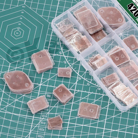 420Pcs Mica Insulating Sheet Set For TO-220 TO-3P TO-3P11 TO-3PL Transistors, 7 Styles, in plastic organizer box on green mat